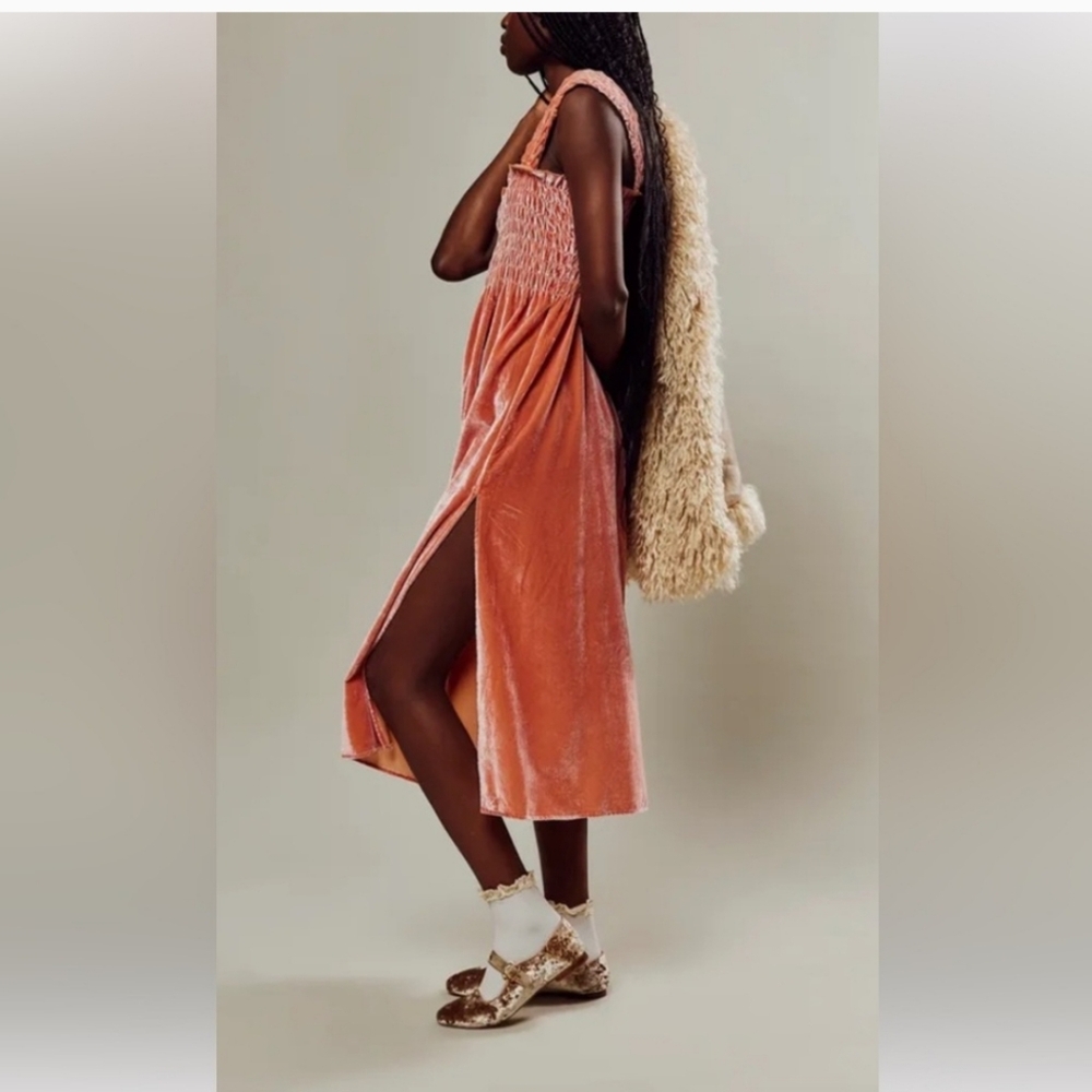 FREE  PEOPLE  MADELINE SMOKE TOP VELVET DRESS SIZE S WOMEN ORANGE NWOT